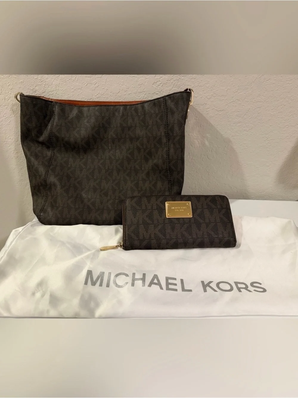 Michael Kors Dark Brown MK Monogram Tote with Zip Wallet